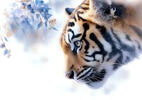 Close up portrait of majestic tiger head with intense blue eyes against soft watercolor background showing delicate floral elements and artistic composition.