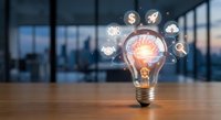 Glowing light bulb with brain inside surrounded by floating dollar signs and financial icons on wooden desk in modern office background for business innovation concepts.
