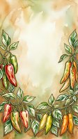 Watercolor illustration of red, yellow, and orange peppers with green foliage on aged paper background, isolated design element suitable for culinary projects, recipe cards, and kitchen decor.