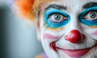 Close-up portrait of circus performer with bright face paint, red clown nose, turquoise eye makeup, orange hair, and expressive eyes showing theatrical character.