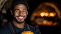 Young man with dark hair and facial hair, wearing black beanie and casual shirt, smiling at camera with warm fireplace glow in background. Portrait for lifestyle, hospitality, or seasonal content.