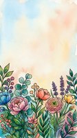 Watercolor floral border with pink peonies, coral roses, lavender, and green foliage on soft pastel background. Botanical illustration for greeting cards, invitations, and design projects.