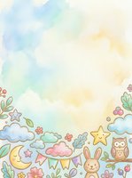 Pastel watercolor background with whimsical hand-drawn border featuring clouds, stars, moon, bunny, owl, flowers, and bunting flags. Soft gradient sky in blue, yellow, and green tones. Isolated design element ready for children's invitations, nursery decor, greeting cards, and stationery projects.