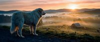 Large fluffy dog standing on hillside overlooking misty valley at golden sunrise with mountains in background creating peaceful rural landscape scene.