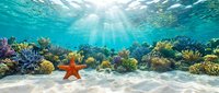 Vibrant coral reef ecosystem with orange starfish on sandy ocean floor, sunbeams filtering through crystal clear tropical waters creating magical underwater scene.