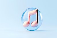 Glossy pink musical note symbol in transparent blue sphere on light blue background, representing digital audio and music streaming services.