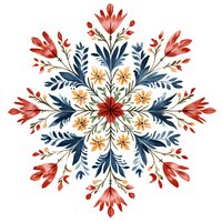 Symmetrical floral mandala pattern with coral red tulips and white daisies surrounded by navy blue leaves on white background, folk art style botanical arrangement.