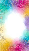 Colorful gradient birthday party frame with hand-drawn celebration elements including balloons, gift boxes, stars and confetti on white center background.