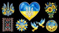 Trident coat of arms with sunflowers and doves isolated on transparent background. Ukrainian national symbols ready for t-shirt design, clipart, stickers, sublimation and print-on-demand products.