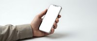 Hand holding modern smartphone with blank white screen mockup for app presentation and digital marketing campaigns.