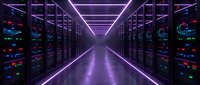 Modern data center server room with purple neon lighting and rows of computer equipment racks creating futuristic technology corridor atmosphere.