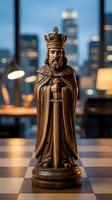 Wooden carved king chess piece with crown and royal robes standing on chessboard, blurred city skyline background with evening lights, suitable for game strategy and leadership concepts.
