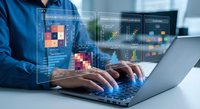 Business professional analyzing financial data on laptop with holographic charts and graphs overlay for market research and analytics.