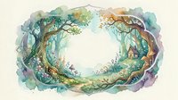 Enchanted forest clearing with twisted trees forming magical circle frame. Watercolor fairy tale woodland scene with mushrooms and flowers for storytelling designs.