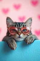Adorable tabby cat wearing pink glasses peeks over blue surface against pink background with heart bokeh pattern, creating whimsical valentine mood.