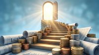 Stairway to financial success with golden coins and documents leading to bright doorway representing wealth growth and investment opportunities.