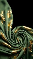 Luxurious green silk fabric with golden foil accents flowing in elegant swirls against black background for premium fashion and textile design projects.