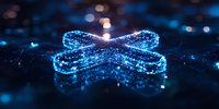 Glowing blue DNA strand with particle effects on dark background, chromosome structure illuminated by digital particles creating futuristic science visualization.