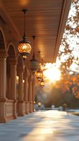 Ornate hanging lanterns illuminate classical colonnade at sunset, creating warm atmospheric glow along marble corridor with decorative pillars and arched details.