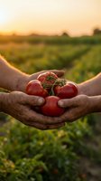 Farmer hands holding fresh ripe tomatoes at sunset in agricultural field. Organic farming harvest concept for healthy food and sustainable agriculture.