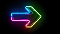 Colorful neon arrow sign glowing with vibrant rainbow lights on dark background for digital design and modern technology concepts.