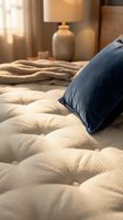 Cozy bedroom interior with navy blue pillow on quilted cream bedding, warm lamp lighting, and soft furnishings creating a relaxing sleep environment for home decor and lifestyle design.