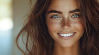 Young woman with freckles, bright blue eyes and radiant white smile looking at camera. Natural beauty portrait with warm lighting and soft bokeh background.