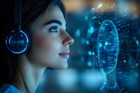 Young woman in headphones looking at glowing digital hologram face projection against dark background with blue technology particles effect.