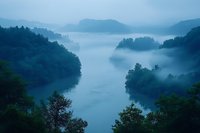 Mystical morning fog floating over mountain lake, creating ethereal atmosphere with dense forest and misty valleys. Serene landscape in blue tones at dawn.