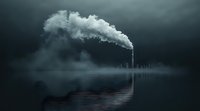 Industrial smoke stack emitting white steam against dark moody sky, reflecting in calm water surface with atmospheric fog creating mysterious environmental scene.
