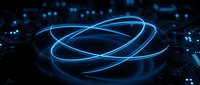 Glowing blue neon orbital rings with digital particles on dark background, representing technology, data flow, and futuristic connectivity for web and digital design projects.