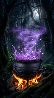 Magical cauldron with glowing purple potion and swirling energy in dark forest setting, surrounded by ancient twisted trees and burning fire below for fantasy, gaming, and mystical themed projects.