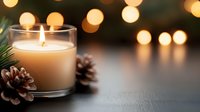 Glowing candle in glass holder with pine cones and festive bokeh lights creating cozy holiday atmosphere on dark background. Suitable for seasonal greeting cards.