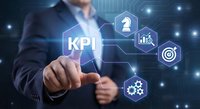 Professional businessman touching KPI key performance indicator interface with digital icons showing analytics, strategy and business metrics on futuristic background.