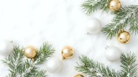 Evergreen branches with gold and white ornaments on marble background, flat lay composition for holiday greeting cards and seasonal marketing materials.