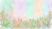 Watercolor pastel background with gold outline succulents and tropical leaves border, soft mint, peach and lavender tones for cards and invitations.