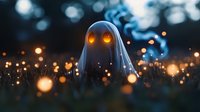 Glowing ghost figure in dark field with magical bokeh lights and fireflies creating mystical night atmosphere. Spooky fantasy scene with ethereal mood.