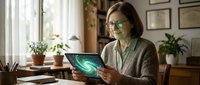 Middle-aged woman with shoulder-length brown hair and glasses, wearing a beige cardigan, holding a tablet displaying glowing green digital data visualization in a home office with plants and natural light.