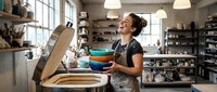 Young female potter laughing while working with ceramic bowls in bright pottery studio workshop filled with handmade pottery and art supplies.