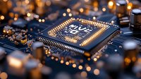 Glowing microprocessor on circuit board with bokeh lights, close-up view showing electronic components and integrated circuits in warm golden tones.