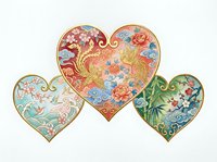 Decorative heart-shaped ornaments with ornate floral and botanical patterns in warm and cool tones, isolated on white background, ready for design projects, crafts, and decorative applications.