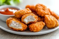 Crispy breaded chicken nuggets with tender white meat inside served on white plate with red dipping sauce, close up view of cut pieces showing texture.