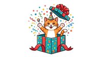 Ginger cat with white chest jumping out of turquoise gift box with red bow, surrounded by colorful confetti and streamers. Isolated clipart for greeting cards, invitations, and festive designs.