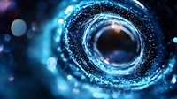 Glowing blue spiral vortex with sparkling particles and bokeh effects creates cosmic atmosphere, suitable for science and technology backgrounds.
