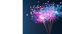Vibrant fireworks display with pink and blue bursts against dark sky, creating magical celebration atmosphere with glowing sparks and light trails.