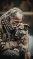 Elderly homeless man with gray beard embracing loyal dog companion outdoors showing unconditional love and friendship between human and pet.
