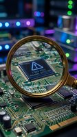 Magnifying glass revealing cyber risk warning on circuit board with neon server lights in blurred background, symbolizing cybersecurity threat detection and digital vulnerability assessment.