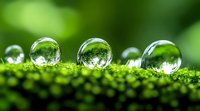 Crystal clear water drops on green moss create natural lens effect, reflecting nature in spherical form. Fresh morning dew captures forest environment in miniature.