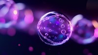 Luminous soap bubble floating in dark space with purple and pink bokeh lights creating magical atmosphere. Macro photography captures delicate surface tension and reflections.