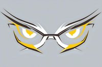 Stylized angry owl eyes with glasses design in yellow, white and dark brown on gray background, minimalist art style for mascot or gaming logo design.